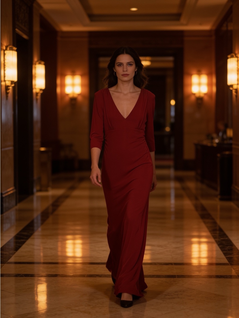 David Meister Burgundy V-Neck Column Gown